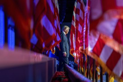 Former President Donald Trump arrives at an election night watch party at the Palm Beach Convention Center on November 6.