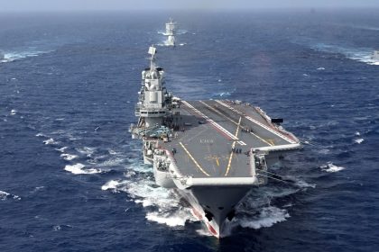 Conventionally powered Chinese aircraft carrier Liaoning carries out a dual aircraft carrier formation exercise with the Shandong aircraft carrier, unseen, for the first time in the South China Sea in late October 2024.