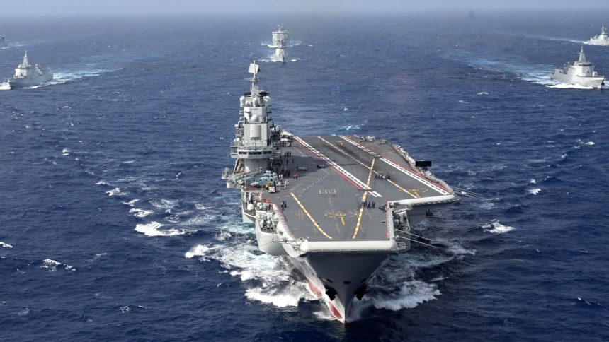 Conventionally powered Chinese aircraft carrier Liaoning carries out a dual aircraft carrier formation exercise with the Shandong aircraft carrier, unseen, for the first time in the South China Sea in late October 2024.