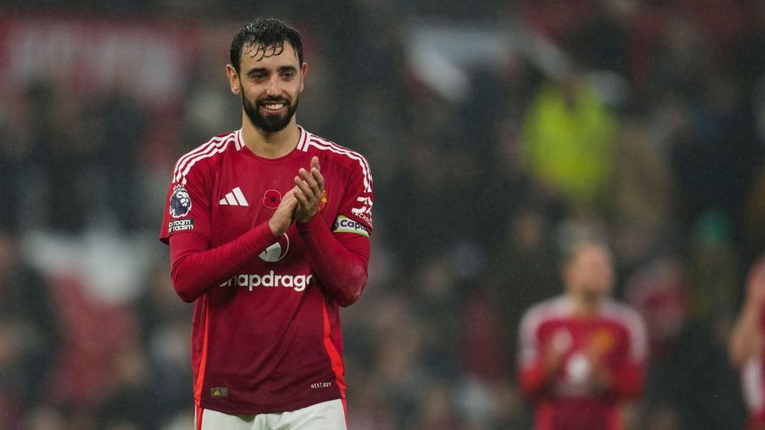 Manchester United's Bruno Fernandes celebrates after helping his team win against Leicester City on Sunday.