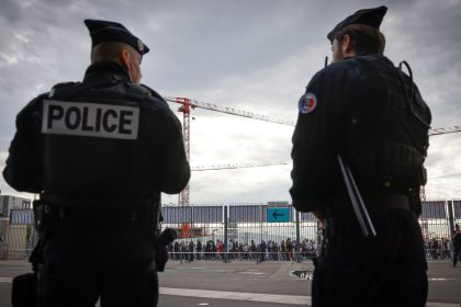 Police officers stand guard ahead of the 2022 UEFA Nations League soccer match between France and Denmark at the Stade de France in Saint Denis near Paris.