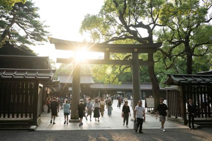 A torii gate at the entrance of Tokyo's Meiji Shrine.