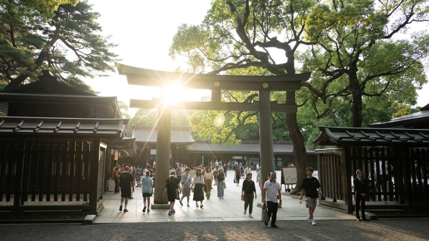 A torii gate at the entrance of Tokyo's Meiji Shrine.