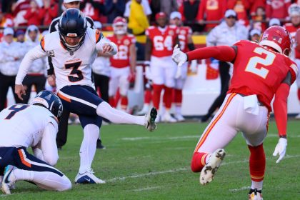 Denver Broncos place kicker Wil Lutz attempts a field goal attempt, which was blocked, and then recovered by Kansas City Chiefs cornerback Joshua Williams as time expired on November 11, 2024 at Arrowhead Stadium in Kansas City, Missouri.