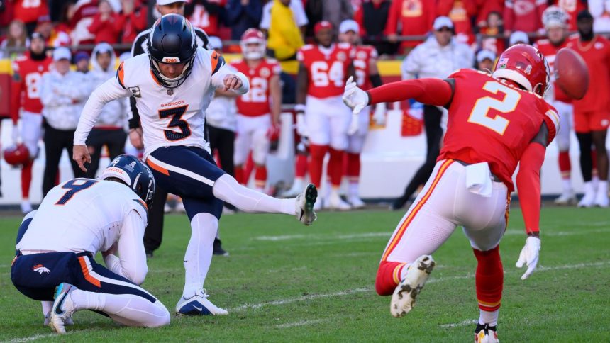 Denver Broncos place kicker Wil Lutz attempts a field goal attempt, which was blocked, and then recovered by Kansas City Chiefs cornerback Joshua Williams as time expired on November 11, 2024 at Arrowhead Stadium in Kansas City, Missouri.