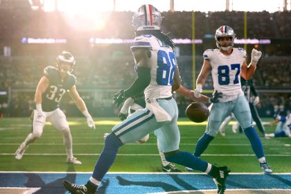 Dallas Cowboys wide receiver CeeDee Lamb misses a potential three-yard touchdown pass from quarterback Cooper Rush because of sun glare.