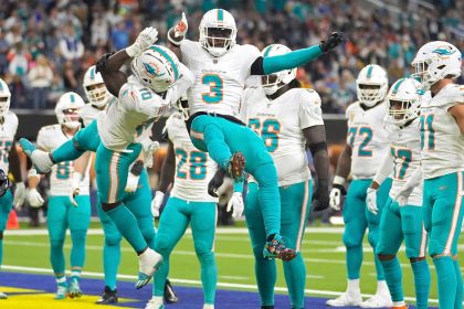 Wide receiver Tyreek Hill (left) celebrates his touchdown against the Los Angeles Rams.