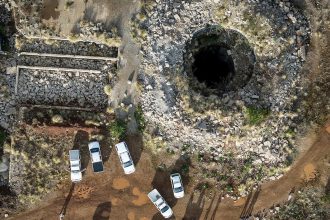 An aerial view of a mine shaft where hundreds of illegal miners are believed to be in a disused mine in Stilfontein, South Africa, on November 13, 2024.