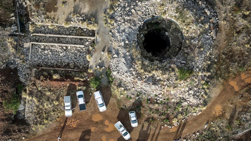 An aerial view of a mine shaft where hundreds of illegal miners are believed to be in a disused mine in Stilfontein, South Africa, on November 13, 2024.