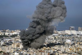 Smoke rises after an Israeli airstrike on Dahiyeh, in the southern suburb of Beirut, Lebanon, Saturday, Nov. 16, 2024.