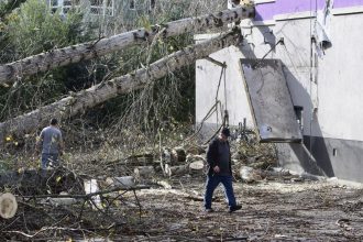 A crew cuts a tree that fell on a Taco Bell restaurant Issaquah, Washington, on Wednesday.