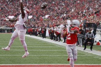 Ohio State receiver Emeka Egbuka catches 11-yard touchdown pass from quarterback Will Howard. (AP Photo/Jay LaPrete)