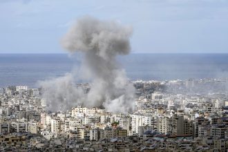 Smoke rises after an Israeli airstrike on Dahiyeh, in the southern suburb of Beirut, Lebanon on Monday.