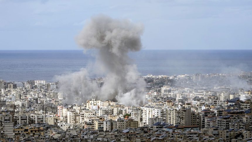 Smoke rises after an Israeli airstrike on Dahiyeh, in the southern suburb of Beirut, Lebanon on Monday.