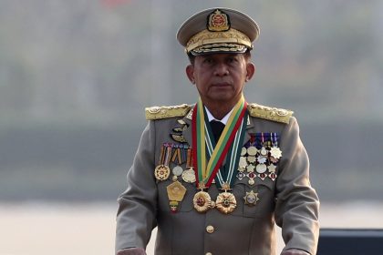 Senior Gen. Min Aung Hlaing, head of the military council, inspects officers during a parade to commemorate Myanmar's 78th Armed Forces Day in Naypyitaw, Myanmar, on March 27, 2023.