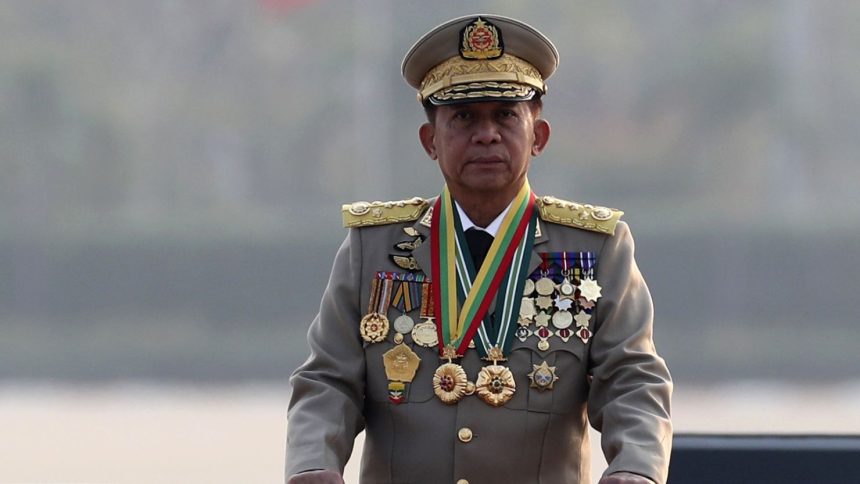 Senior Gen. Min Aung Hlaing, head of the military council, inspects officers during a parade to commemorate Myanmar's 78th Armed Forces Day in Naypyitaw, Myanmar, on March 27, 2023.