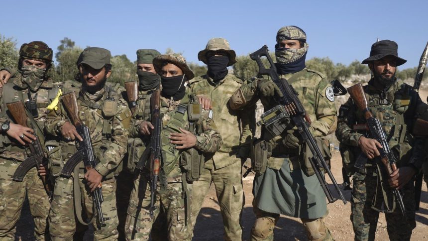 Syrian opposition fighters stand in formation after entering the village of Anjara, western outskirts of Aleppo, Syria, Thursday Nov. 28, 2024, part of their major offensive on government-controlled areas in the country's northwestern Syria. (AP Photo/Omar Albam)