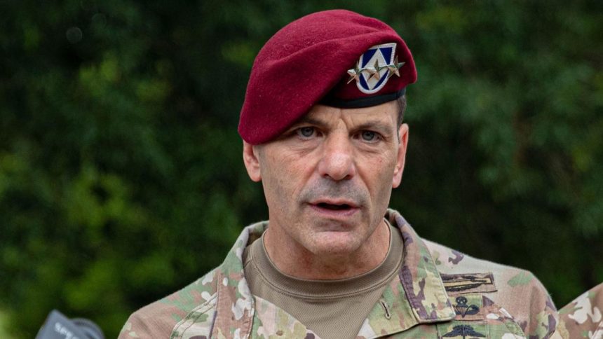 U.S. Army Lt. Gen. Chris Donahue, XVIII Airborne Corps Commanding General, speaks about the redesignates of the installation name to Fort Liberty on the Main Post Parade Field, Fort Liberty, North Carolina, on June 2, 2023.