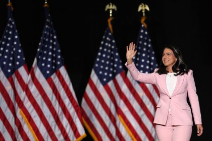 Tulsi Gabbard greets the crowd before speaking during a campaign rally in Las Vegas, Nevada.