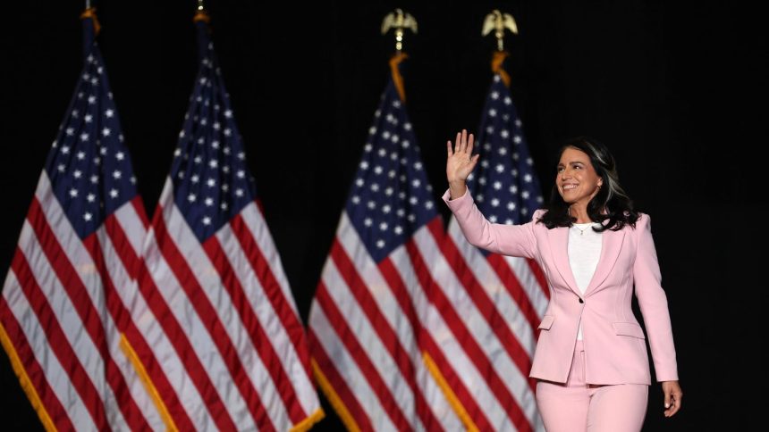 Tulsi Gabbard greets the crowd before speaking during a campaign rally in Las Vegas, Nevada.