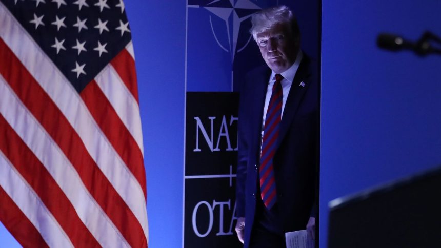 In this 2018 photo, then-President Donald Trump arrives to speak to the media at a press conference on the second day of the 2018 NATO Summit on July 12, 2018 in Brussels, Belgium.