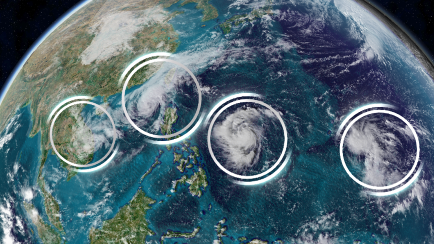 Four storms spanning the vast West Pacific basin from Vietnam to Guam are Typhoon Yinxing, Tropical Storm Toraji, Tropical Storm Usagi and Tropical Storm Man-Yi.