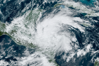 Tropical Storm Sara churns in the Caribbean Sea Thursday afternoon.