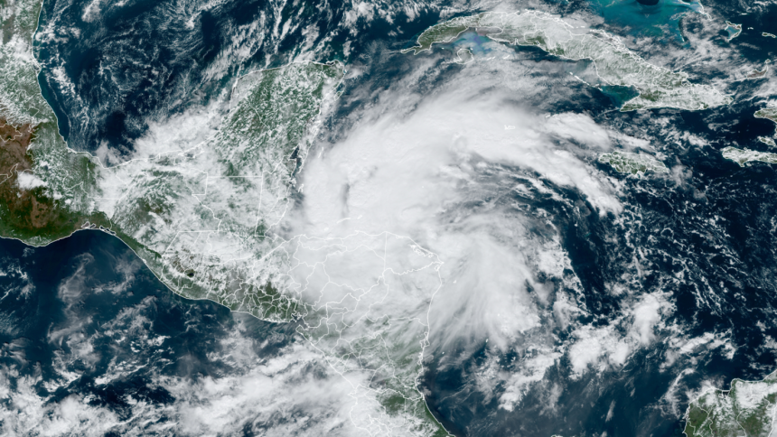 Tropical Storm Sara churns in the Caribbean Sea Thursday afternoon.