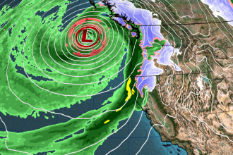 A forecast model depicts a bomb cyclone and atmospheric river combining to slam the West Coast early Wednesday morning.