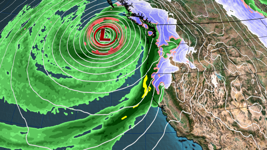 A forecast model depicts a bomb cyclone and atmospheric river combining to slam the West Coast early Wednesday morning.