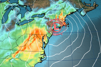 A forecast model depicts one scenario for a storm that'll bring disruptive weather for Thanksgiving. Wind gusts are shown, with oranges and reds representing stronger winds.