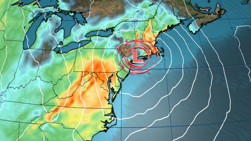 A forecast model depicts one scenario for a storm that'll bring disruptive weather for Thanksgiving. Wind gusts are shown, with oranges and reds representing stronger winds.