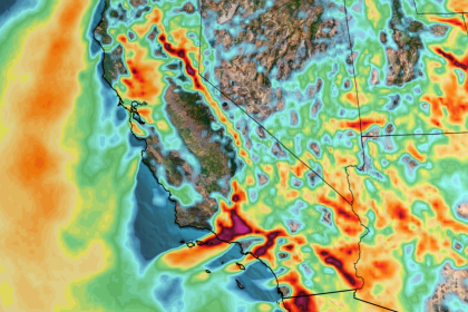 Strong wind gusts (yellows, oranges, reds and purples) are blowing over California and parts of the Southwest Wednesday. The strongest gusts are ongoing in Southern California's mountains.