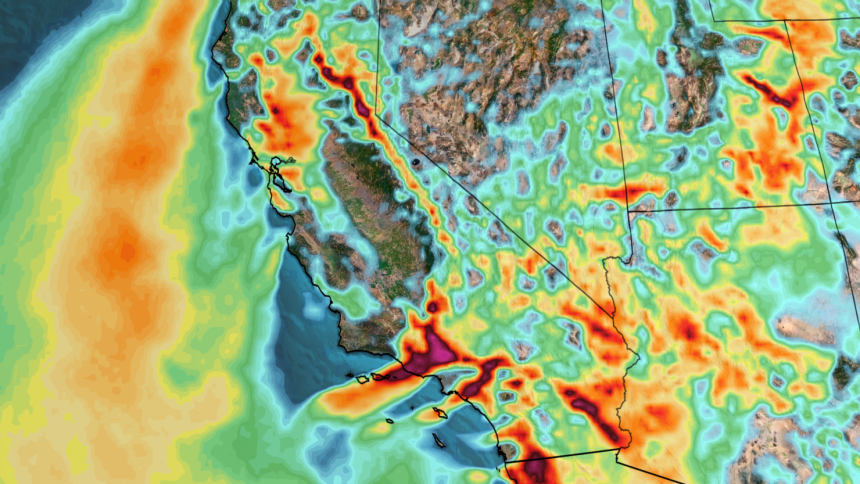 Strong wind gusts (yellows, oranges, reds and purples) are blowing over California and parts of the Southwest Wednesday. The strongest gusts are ongoing in Southern California's mountains.