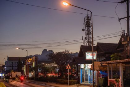 A view of popular tourist town Vang Vieng, Laos, in December 2018.