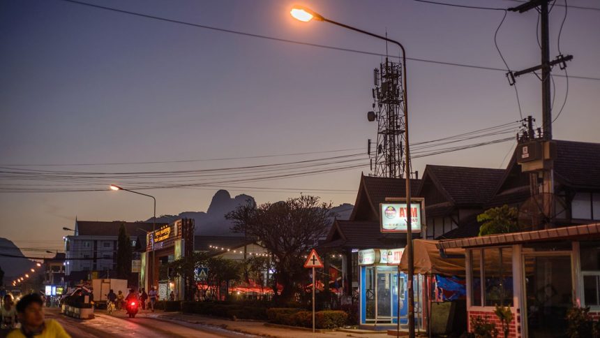 A view of popular tourist town Vang Vieng, Laos, in December 2018.