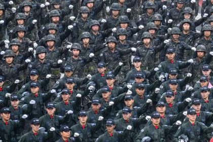 Soldiers take part in a military parade to celebrate South Korea's 75th Armed Forces Day in Seoul on September 26, 2023.