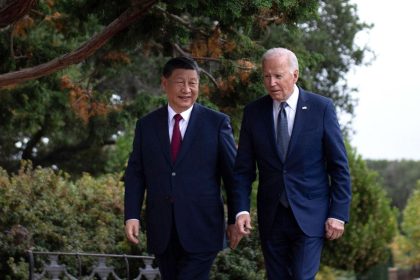 US President Joe Biden and Chinese President Xi Jinping walk together after a meeting during the Asia-Pacific Economic Cooperation (APEC) Leaders' week in Woodside, California on November 15, 2023.