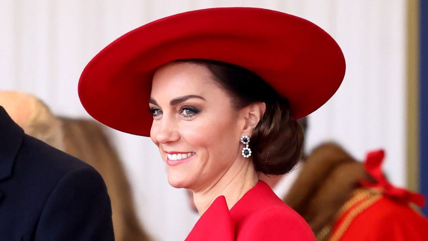 Catherine, Princess of Wales attends a ceremonial welcome for the President and the first lady of the Republic of Korea at Horse Guards Parade in London on November 21, 2023.