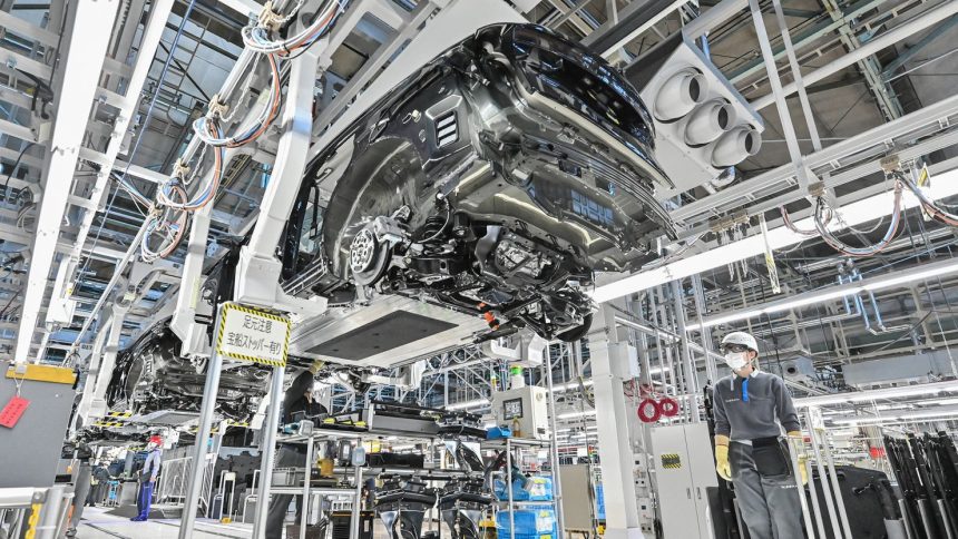 The production line at the Nissan Motor Tochigi plant, the company's largest in Japan, in Kaminokawa, pictured in December 2023.