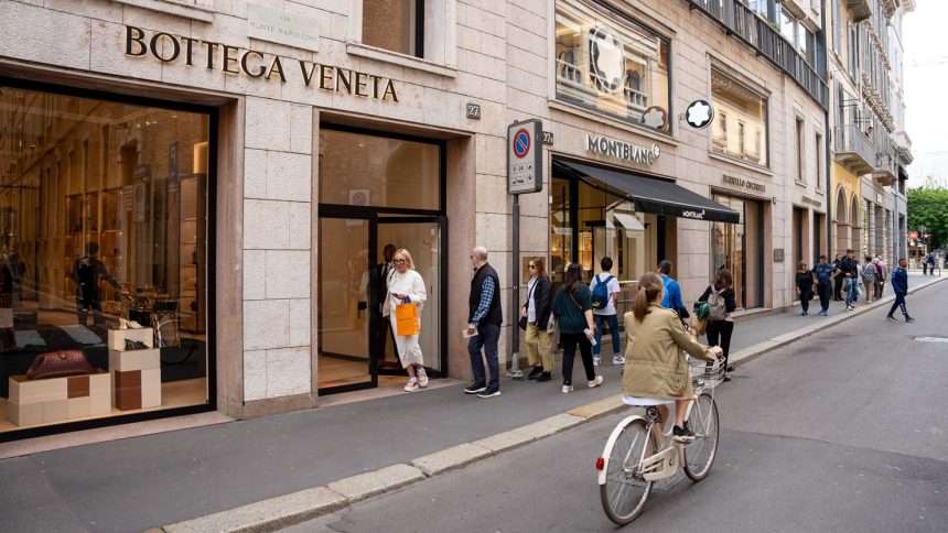 The Bottega Veneta boutique on Via Monte Napoleone in Milan, Italy, pictured in April 2024.