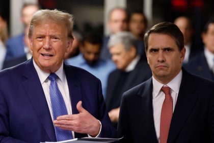 Former President Donald Trump speaks after exiting the courtroom alongside his attorney Todd Blanche during his hush money trial at Manhattan Criminal Court on May 20 in New York City.