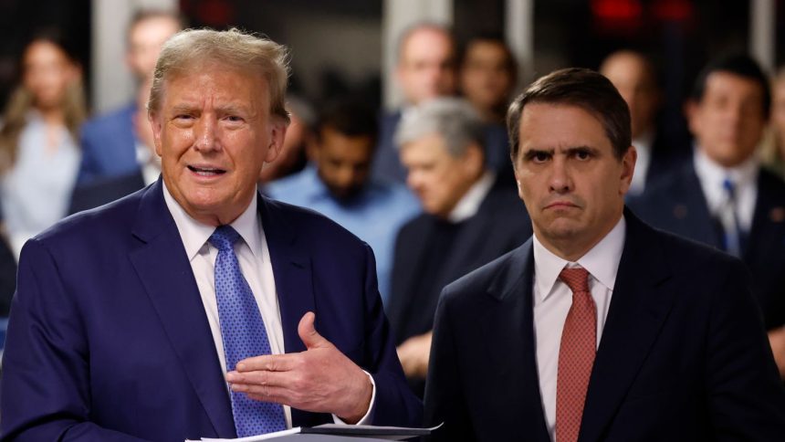 Former President Donald Trump speaks after exiting the courtroom alongside his attorney Todd Blanche during his hush money trial at Manhattan Criminal Court on May 20 in New York City.