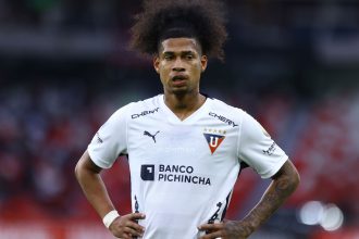 QUITO, ECUADOR - MAY 28: Marco Angulo of LDU Quito reacts during a Copa CONMEBOL Libertadores Group D match between LDU Quito and Universitario Deportes at Rodrigo Paz Delgado Stadium on May 28, 2024 in Quito, Ecuador. (Photo by Franklin Jacome/Getty Images)