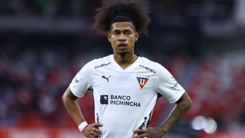 QUITO, ECUADOR - MAY 28: Marco Angulo of LDU Quito reacts during a Copa CONMEBOL Libertadores Group D match between LDU Quito and Universitario Deportes at Rodrigo Paz Delgado Stadium on May 28, 2024 in Quito, Ecuador. (Photo by Franklin Jacome/Getty Images)