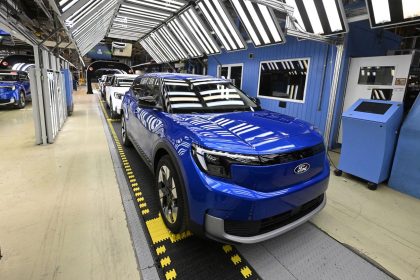 The production line for the electric Ford Explorer at the Ford Electric Center Factory in Cologne, Germany, seen in June 2024.