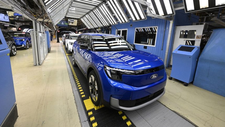 The production line for the electric Ford Explorer at the Ford Electric Center Factory in Cologne, Germany, seen in June 2024.