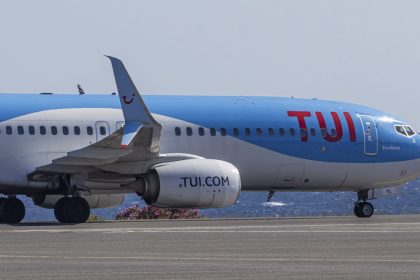 TUIfly Boeing 737-800 passenger aircraft as seen on the taxiway with the Aegean Sea in the background after landing at Heraklion International Airport Nikos Kazantzakis in Crete Island, Greece. The Boeing B738 airplane has the registration tail number D-ATYL, the name Excellence and is powered by 2x jet engines. TUI fly Deutschland is a German leisure airline with scheduled and charter flights. by the travel and tourism company TUI Group an international tour operator. Heraklion, Greece on May 2024 (Photo by Nicolas Economou/NurPhoto via Getty Images)