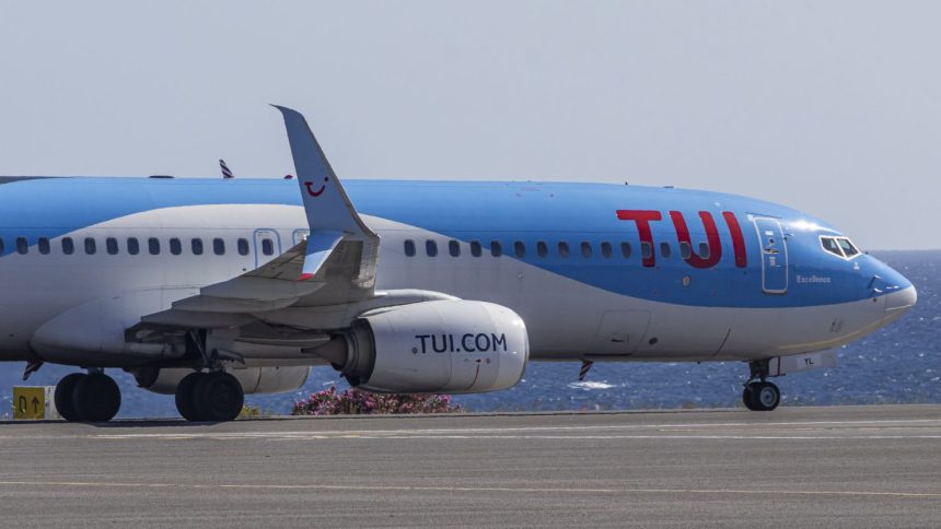 TUIfly Boeing 737-800 passenger aircraft as seen on the taxiway with the Aegean Sea in the background after landing at Heraklion International Airport Nikos Kazantzakis in Crete Island, Greece. The Boeing B738 airplane has the registration tail number D-ATYL, the name Excellence and is powered by 2x jet engines. TUI fly Deutschland is a German leisure airline with scheduled and charter flights. by the travel and tourism company TUI Group an international tour operator. Heraklion, Greece on May 2024 (Photo by Nicolas Economou/NurPhoto via Getty Images)