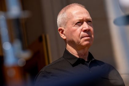 Israeli Defense Minister Yoav Gallant stand during an honor cordon at the Pentagon on June 25, 2024 in Arlington, Virginia.